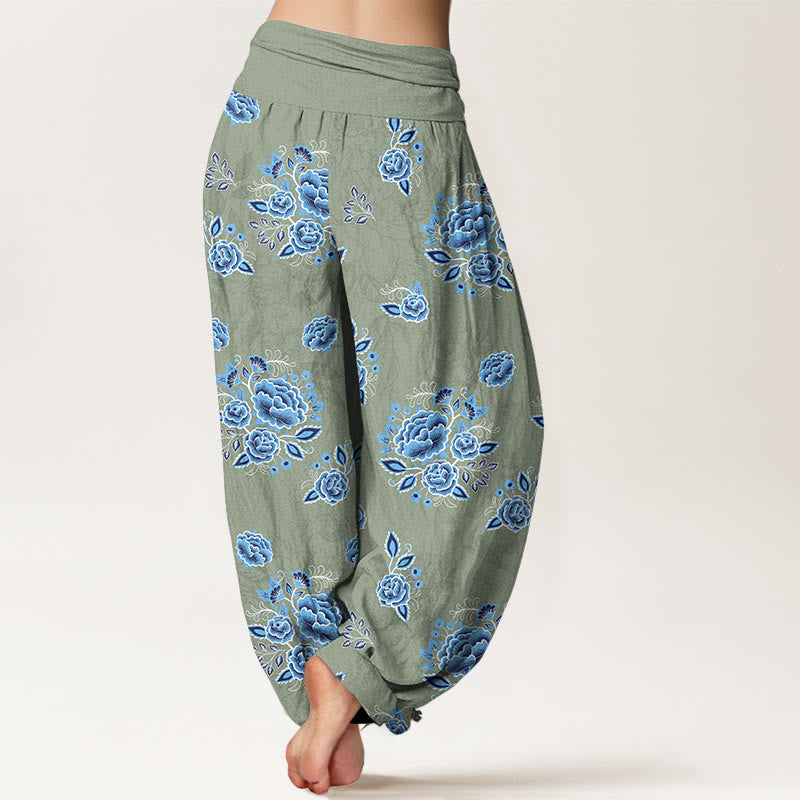 Nimara Ritual Pure Cotton Blue Flower Pattern Women's Elastic Waist Harem Pants