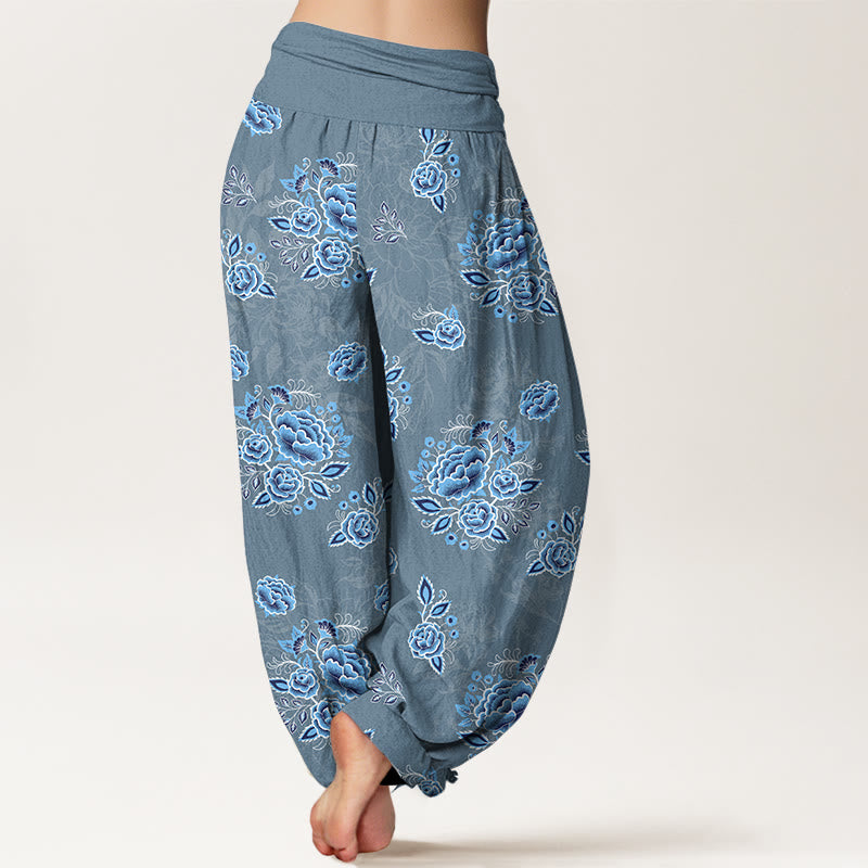 Nimara Ritual Pure Cotton Blue Flower Pattern Women's Elastic Waist Harem Pants