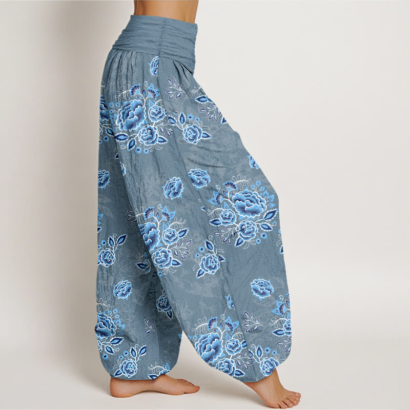 Nimara Ritual Pure Cotton Blue Flower Pattern Women's Elastic Waist Harem Pants