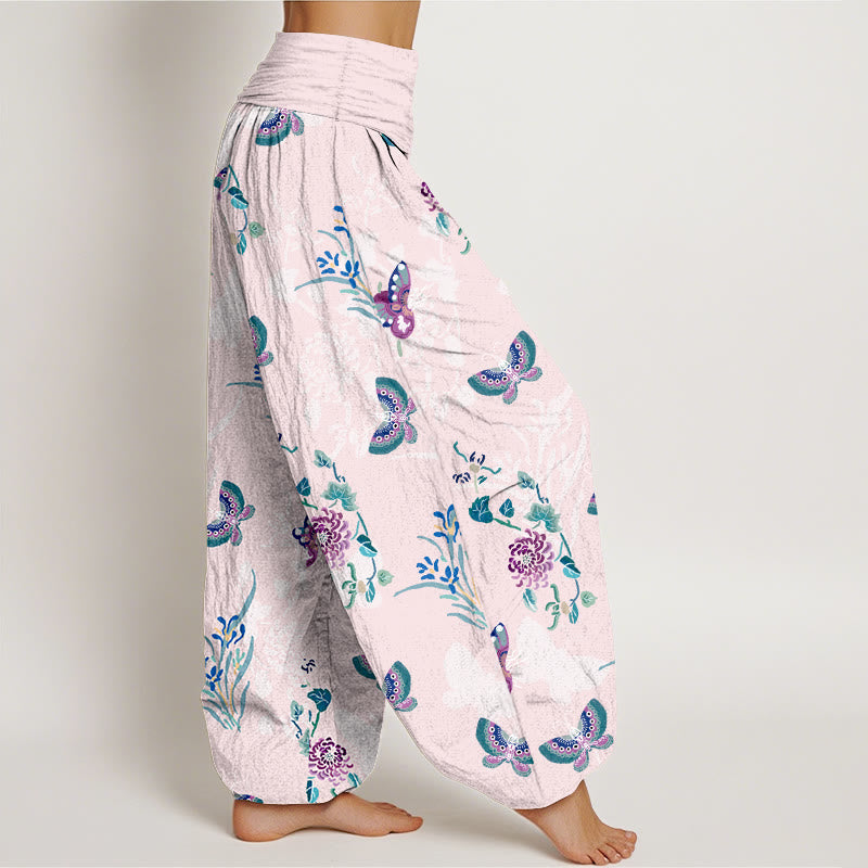 Nimara Ritual Pure Cotton Fresh Elegant Butterfly Grass Flower Pattern Women's Elastic Waist Harem Pants
