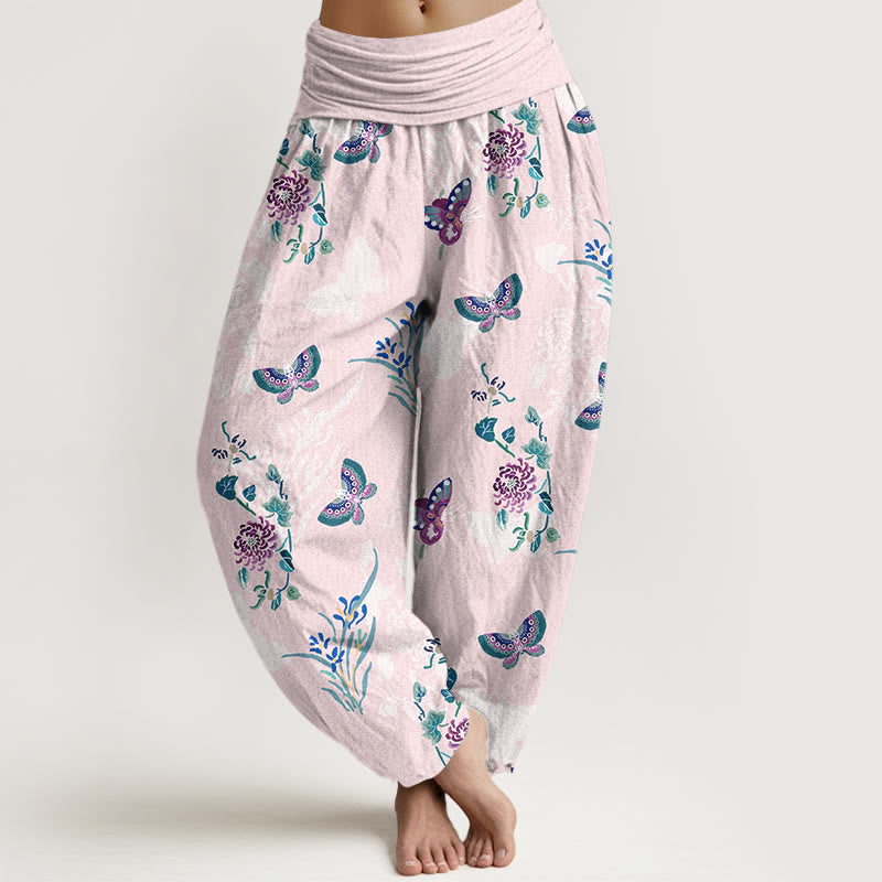 Nimara Ritual Pure Cotton Fresh Elegant Butterfly Grass Flower Pattern Women's Elastic Waist Harem Pants