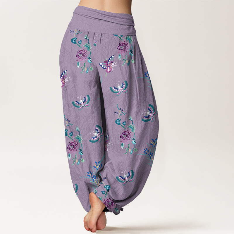 Nimara Ritual Pure Cotton Fresh Elegant Butterfly Grass Flower Pattern Women's Elastic Waist Harem Pants