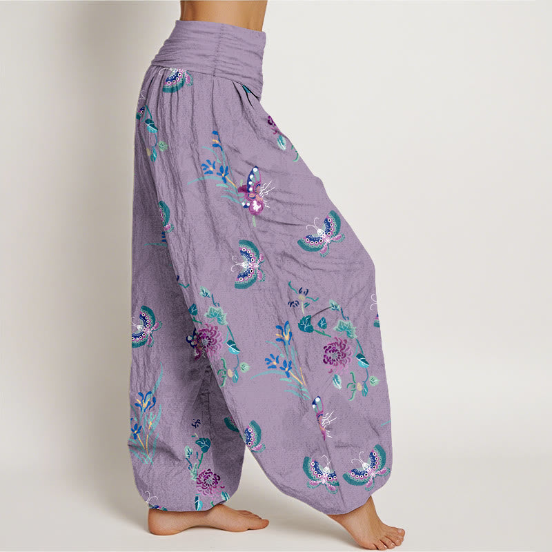 Nimara Ritual Pure Cotton Fresh Elegant Butterfly Grass Flower Pattern Women's Elastic Waist Harem Pants