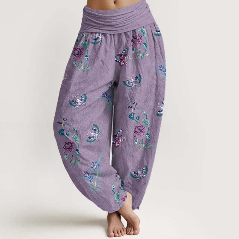 Nimara Ritual Pure Cotton Fresh Elegant Butterfly Grass Flower Pattern Women's Elastic Waist Harem Pants