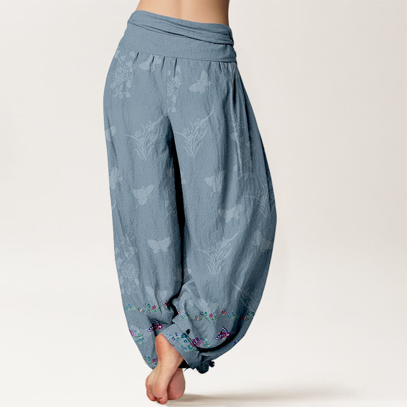 Nimara Ritual Pure Cotton Trouser Legs Neatly Arranged Butterfly Grass Flower Pattern Women's Elastic Waist Harem Pants
