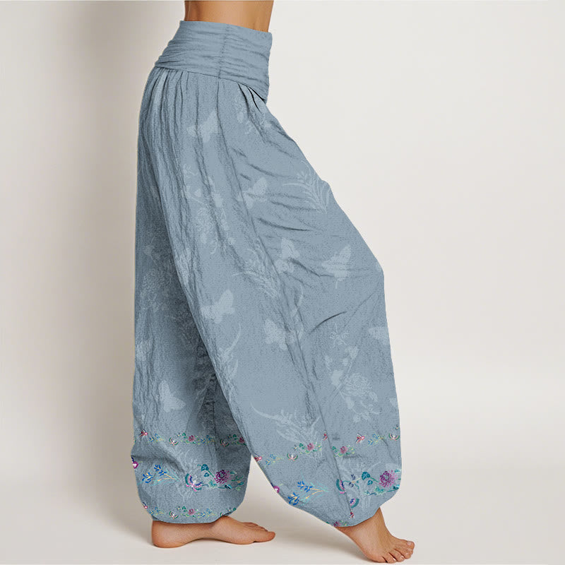 Nimara Ritual Pure Cotton Trouser Legs Neatly Arranged Butterfly Grass Flower Pattern Women's Elastic Waist Harem Pants