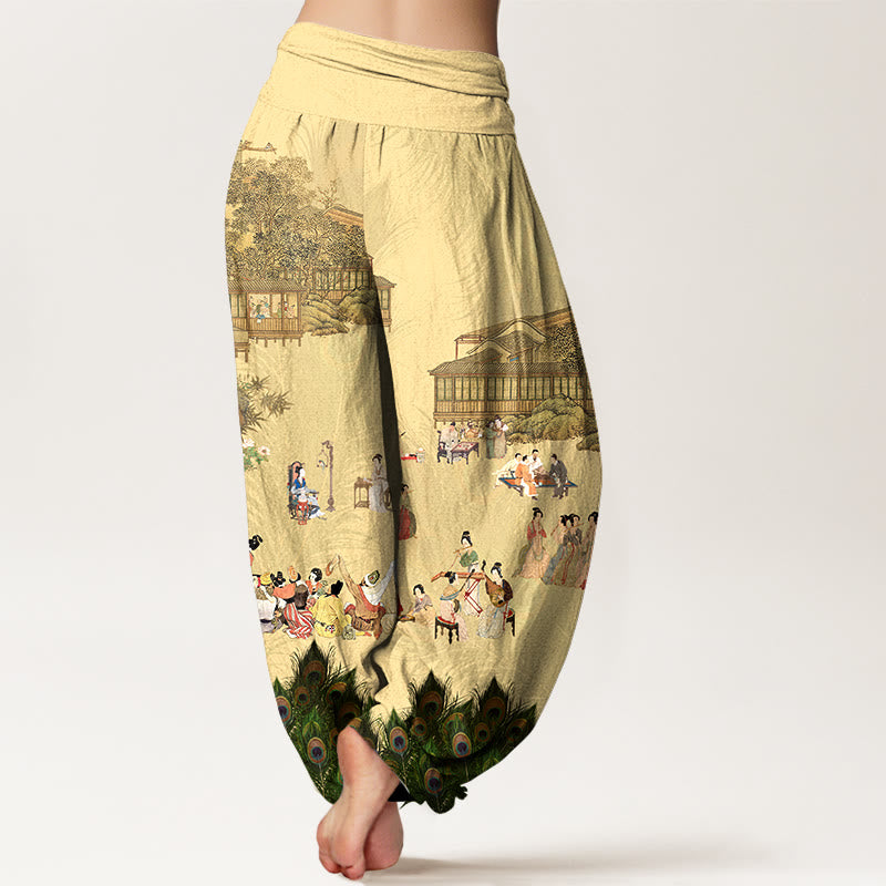 Nimara Ritual Pure Cotton Softly Colored People Buildings Peacock Feathers Trees Flowers Rocks Pattern Women's Elastic Waist Harem Pants