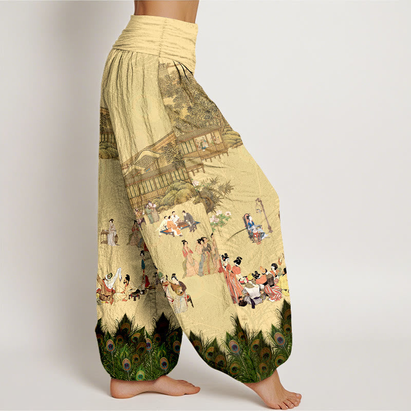 Nimara Ritual Pure Cotton Softly Colored People Buildings Peacock Feathers Trees Flowers Rocks Pattern Women's Elastic Waist Harem Pants
