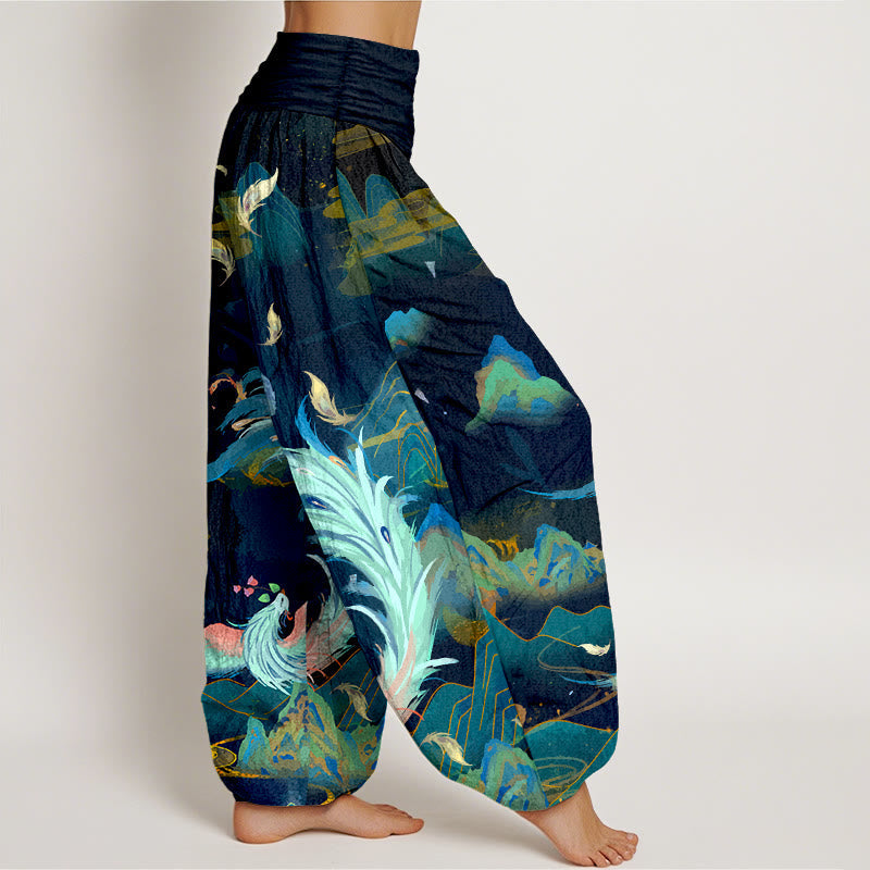 Nimara Ritual Pure Cotton Gorgeous Phoenix Mountain Cloud Pattern Women's Elastic Waist Harem Pants