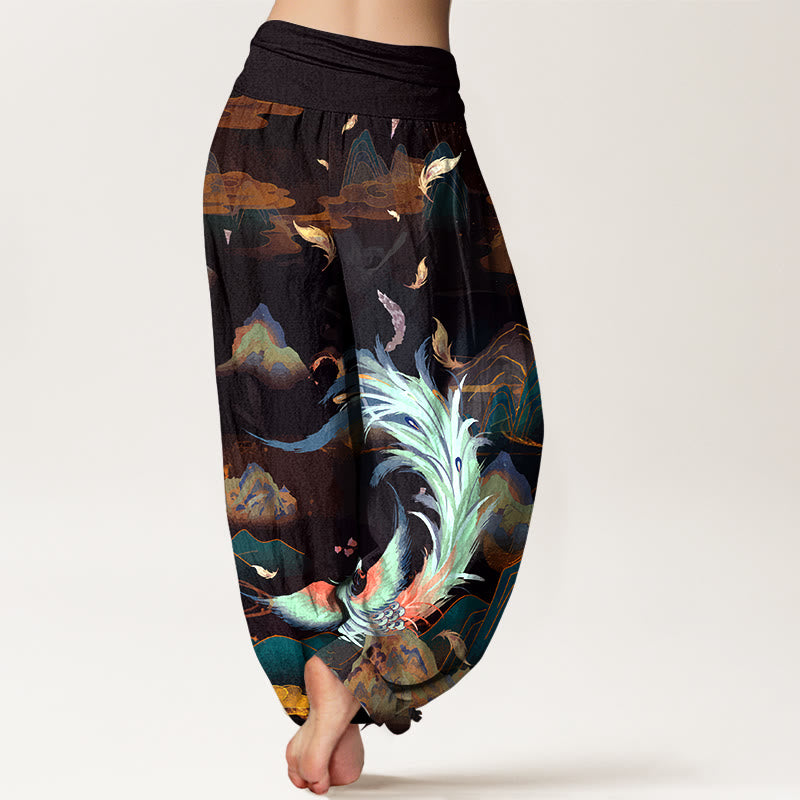 Nimara Ritual Pure Cotton Gorgeous Phoenix Mountain Cloud Pattern Women's Elastic Waist Harem Pants
