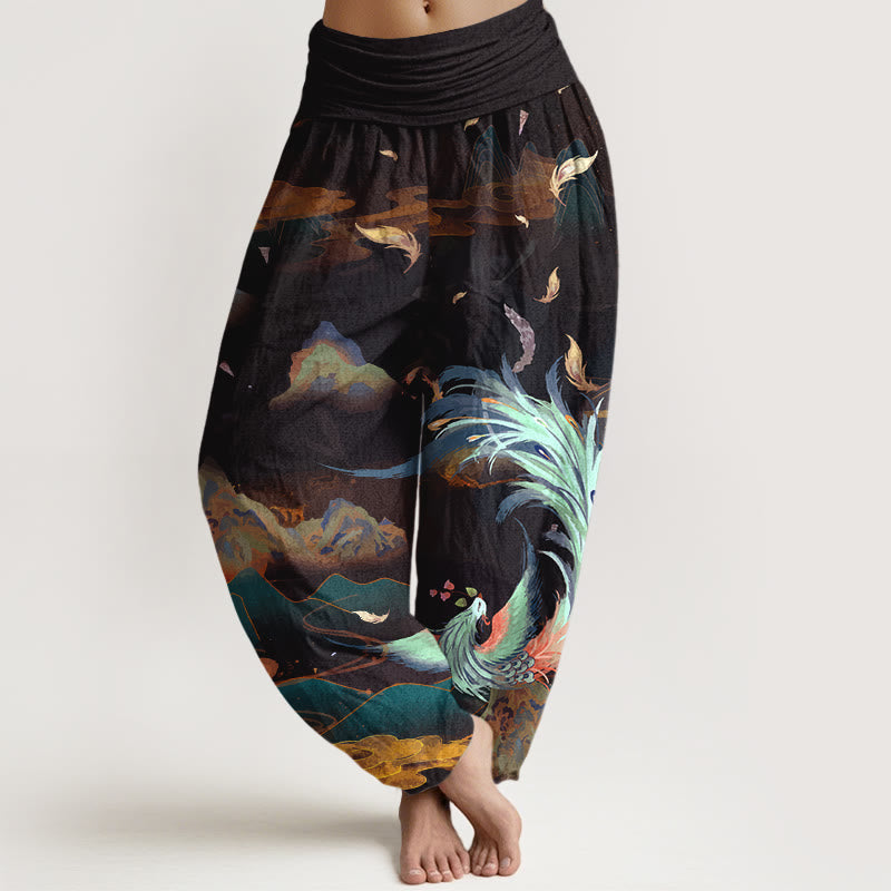 Nimara Ritual Pure Cotton Gorgeous Phoenix Mountain Cloud Pattern Women's Elastic Waist Harem Pants
