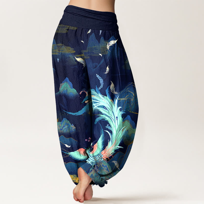 Nimara Ritual Pure Cotton Gorgeous Phoenix Mountain Cloud Pattern Women's Elastic Waist Harem Pants