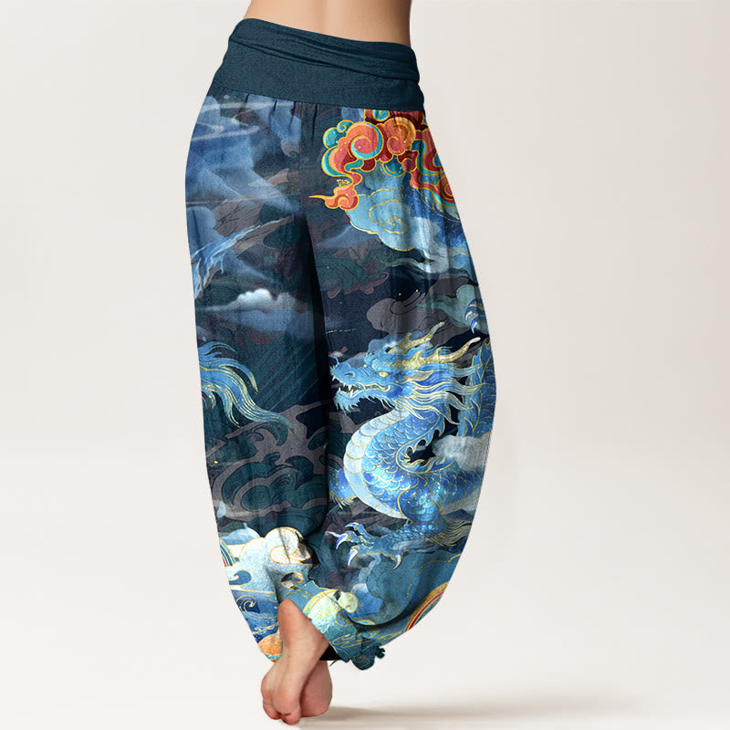 Nimara Ritual Pure Cotton Gorgeous Dragon Cloud Rainbow Pattern Women's Elastic Waist Harem Pants