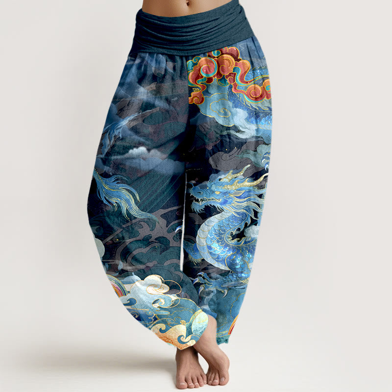 Nimara Ritual Pure Cotton Gorgeous Dragon Cloud Rainbow Pattern Women's Elastic Waist Harem Pants
