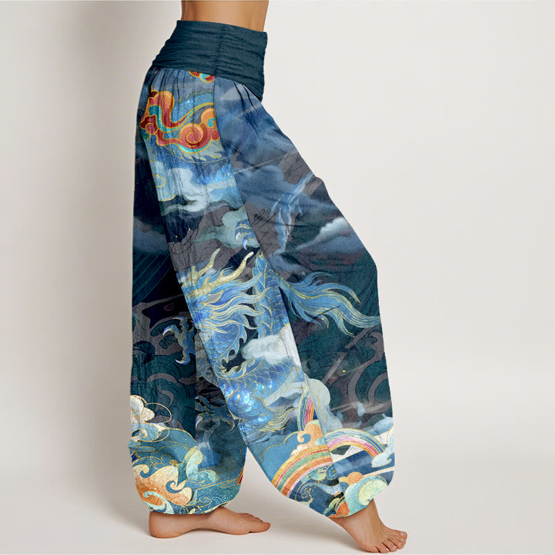 Nimara Ritual Pure Cotton Gorgeous Dragon Cloud Rainbow Pattern Women's Elastic Waist Harem Pants