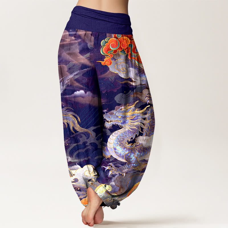 Nimara Ritual Pure Cotton Gorgeous Dragon Cloud Rainbow Pattern Women's Elastic Waist Harem Pants