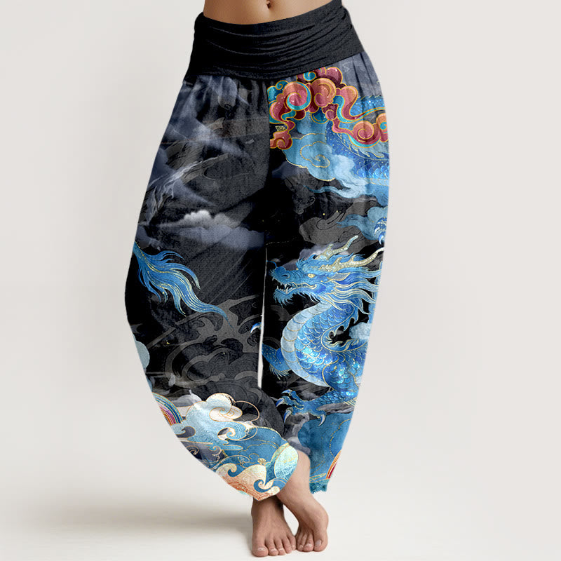 Nimara Ritual Pure Cotton Gorgeous Dragon Cloud Rainbow Pattern Women's Elastic Waist Harem Pants
