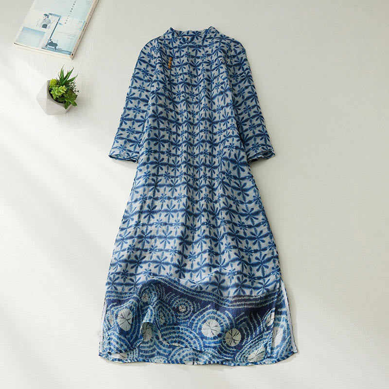 Nimara Ritual Summer Blue Floral Stripes Circular Shape Stand Collar Design Short Sleeve Straight Midi Dress With Pockets