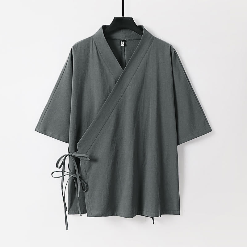 Nimara Ritual Plain Lace-up Cotton Linen Men's Three Quarter Sleeve Kimono