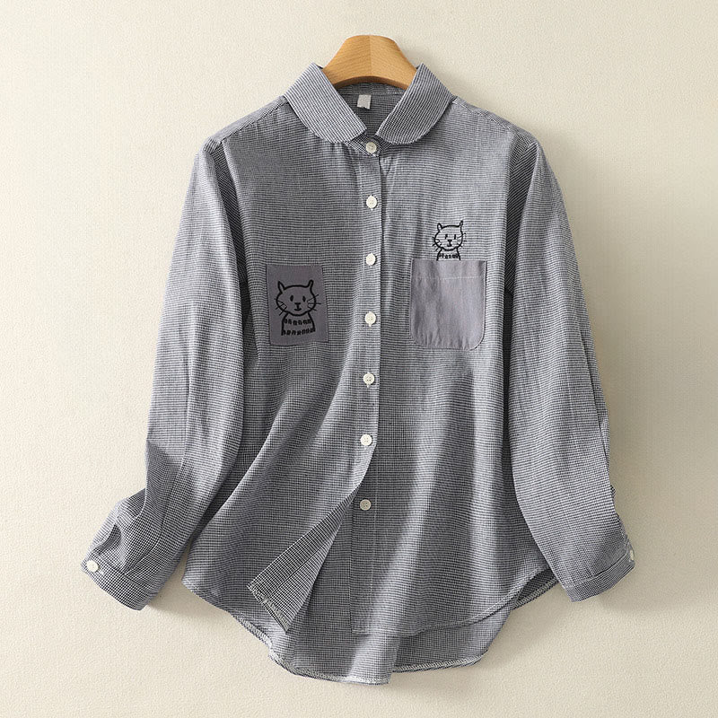 Nimara Ritual Fall Cat Kitten Embroidery Plaid Stand Collar Buttons Down Design Women's Long Sleeve Shirt
