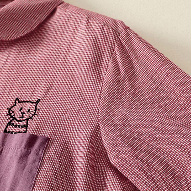 Nimara Ritual Fall Cat Kitten Embroidery Plaid Stand Collar Buttons Down Design Women's Long Sleeve Shirt