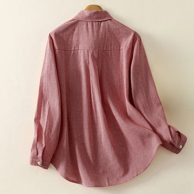 Nimara Ritual Fall Cat Kitten Embroidery Plaid Stand Collar Buttons Down Design Women's Long Sleeve Shirt