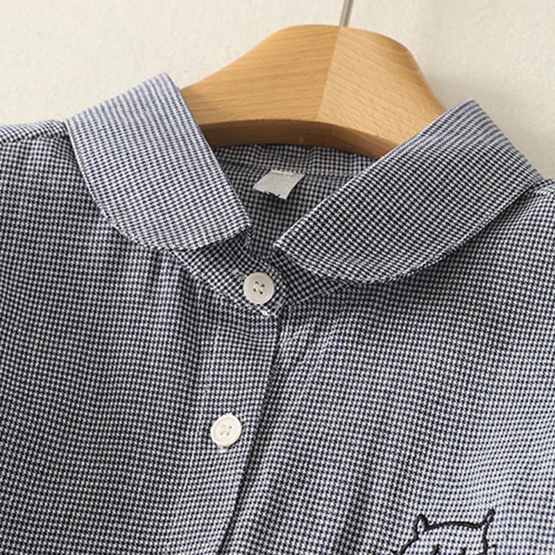 Nimara Ritual Fall Cat Kitten Embroidery Plaid Stand Collar Buttons Down Design Women's Long Sleeve Shirt