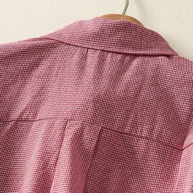 Nimara Ritual Fall Cat Kitten Embroidery Plaid Stand Collar Buttons Down Design Women's Long Sleeve Shirt