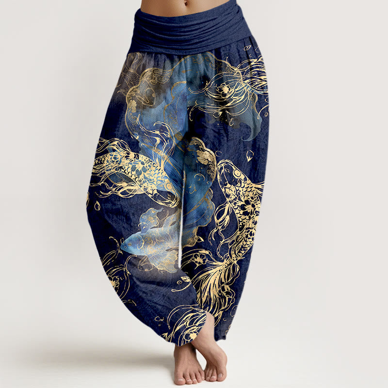 Nimara Ritual Pure Cotton Lively Koi Fish Pattern Women's Elastic Waist Harem Pants