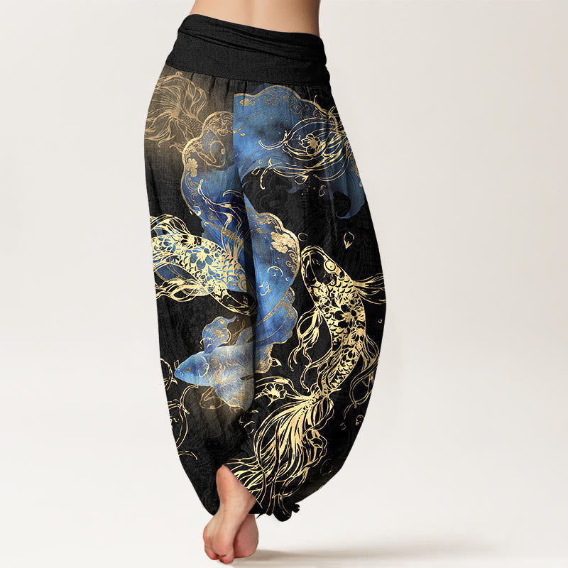 Nimara Ritual Pure Cotton Lively Koi Fish Pattern Women's Elastic Waist Harem Pants