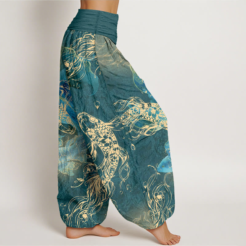 Nimara Ritual Pure Cotton Lively Koi Fish Pattern Women's Elastic Waist Harem Pants