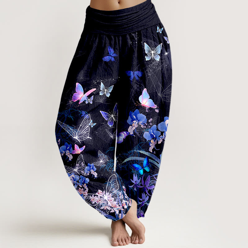 Nimara Ritual Pure Cotton Dreamlike Butterfly Flower Grass Bamboo Pattern Women's Elastic Waist Harem Pants