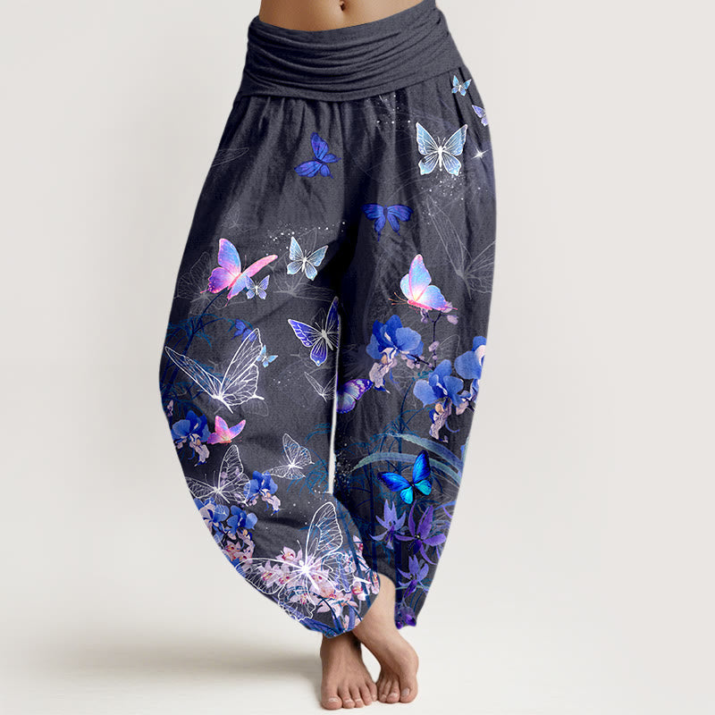 Nimara Ritual Pure Cotton Dreamlike Butterfly Flower Grass Bamboo Pattern Women's Elastic Waist Harem Pants