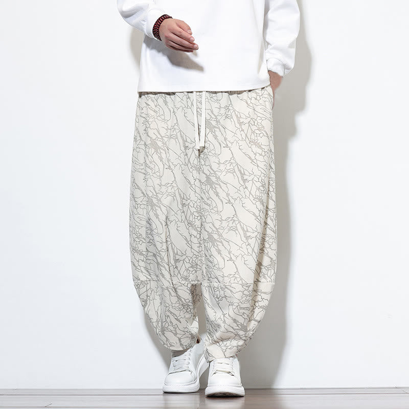 Nimara Ritual Fall Textured Lines Print Cotton Elastic Waist Ankle-Length Men's Harem Pants With Pockets