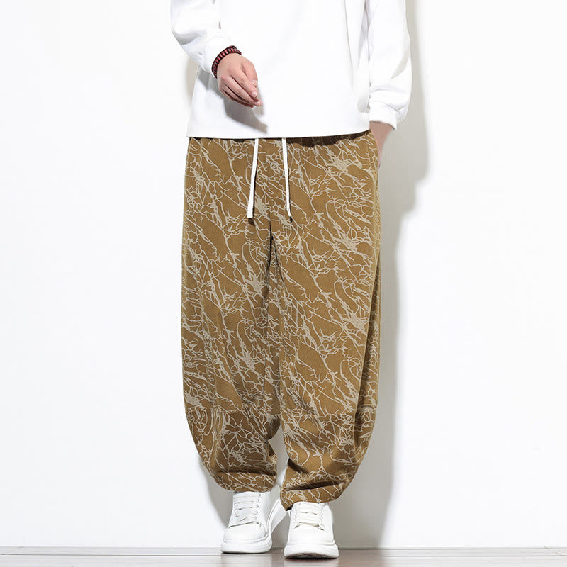 Nimara Ritual Fall Textured Lines Print Cotton Elastic Waist Ankle-Length Men's Harem Pants With Pockets