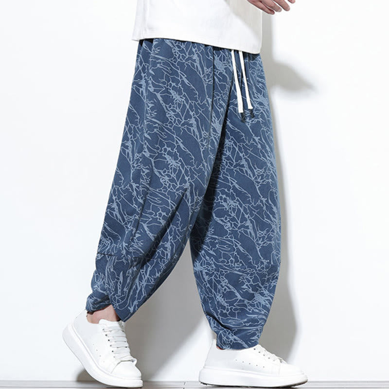 Nimara Ritual Fall Textured Lines Print Cotton Elastic Waist Ankle-Length Men's Harem Pants With Pockets