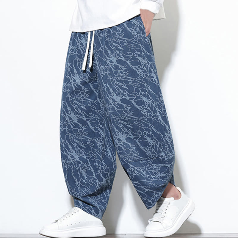 Nimara Ritual Fall Textured Lines Print Cotton Elastic Waist Ankle-Length Men's Harem Pants With Pockets
