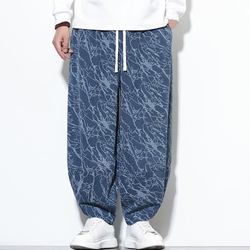 Nimara Ritual Fall Textured Lines Print Cotton Elastic Waist Ankle-Length Men's Harem Pants With Pockets