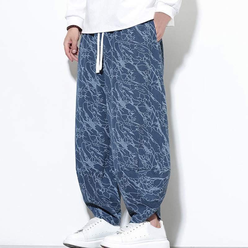 Nimara Ritual Fall Textured Lines Print Cotton Elastic Waist Ankle-Length Men's Harem Pants With Pockets