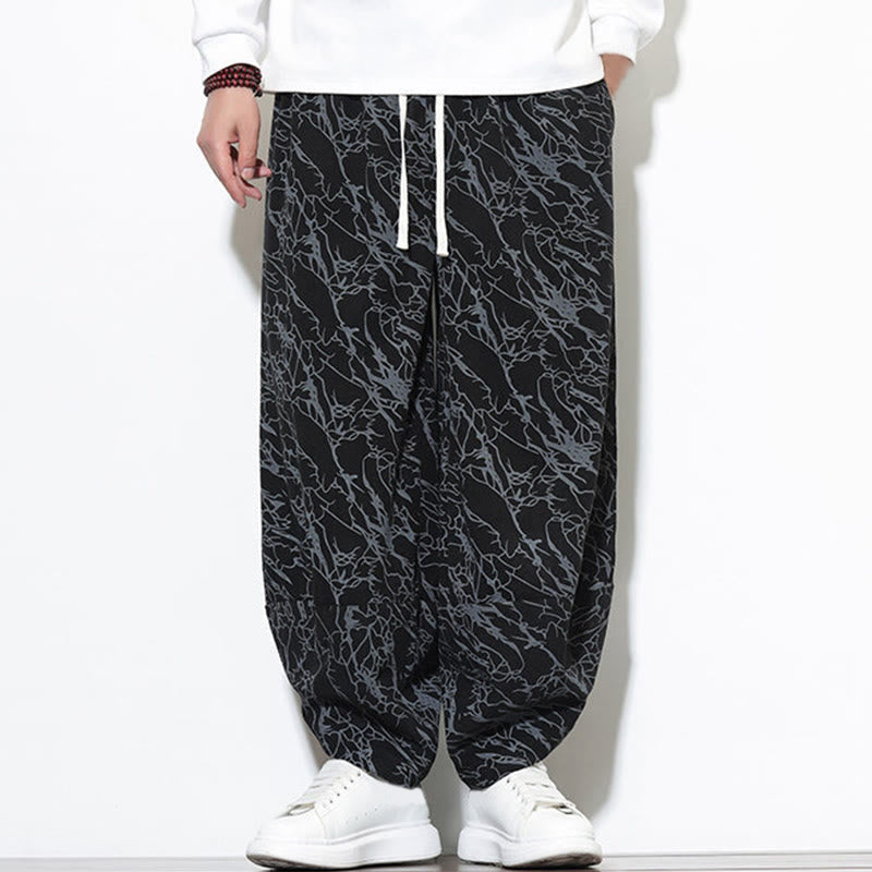 Nimara Ritual Fall Textured Lines Print Cotton Elastic Waist Ankle-Length Men's Harem Pants With Pockets