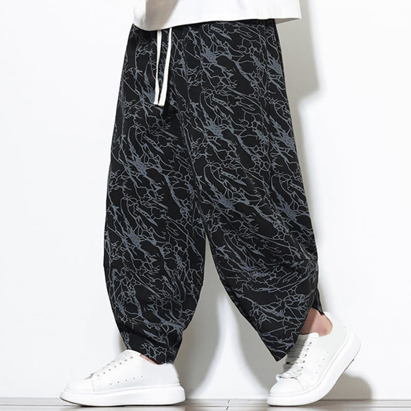 Nimara Ritual Fall Textured Lines Print Cotton Elastic Waist Ankle-Length Men's Harem Pants With Pockets
