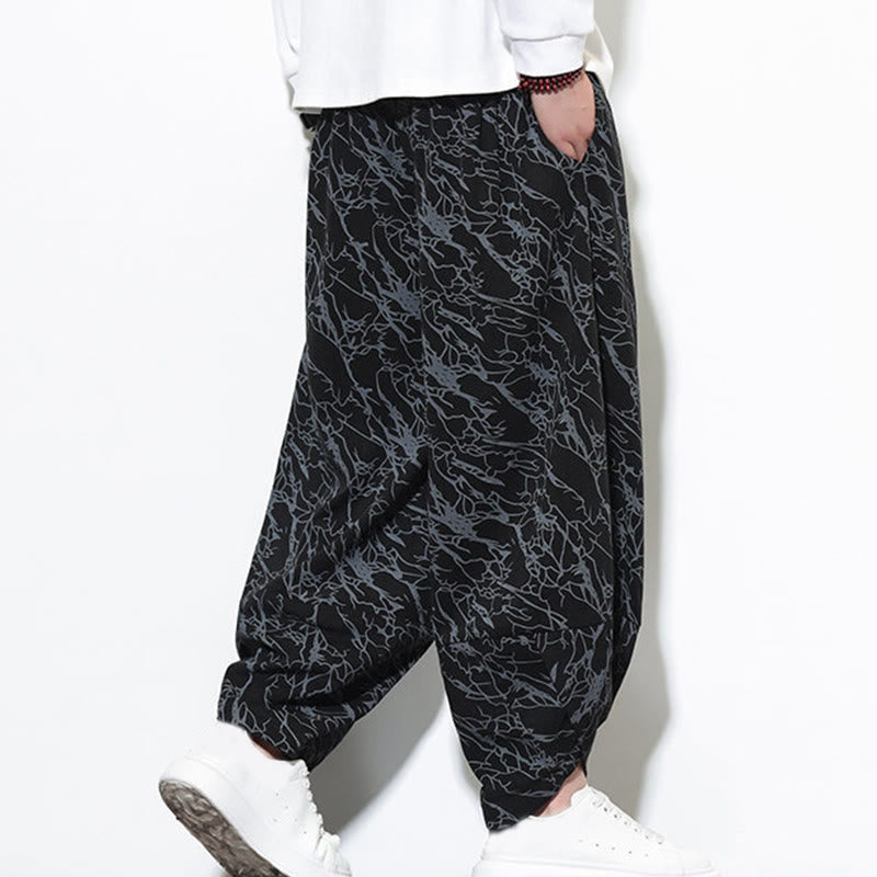 Nimara Ritual Fall Textured Lines Print Cotton Elastic Waist Ankle-Length Men's Harem Pants With Pockets