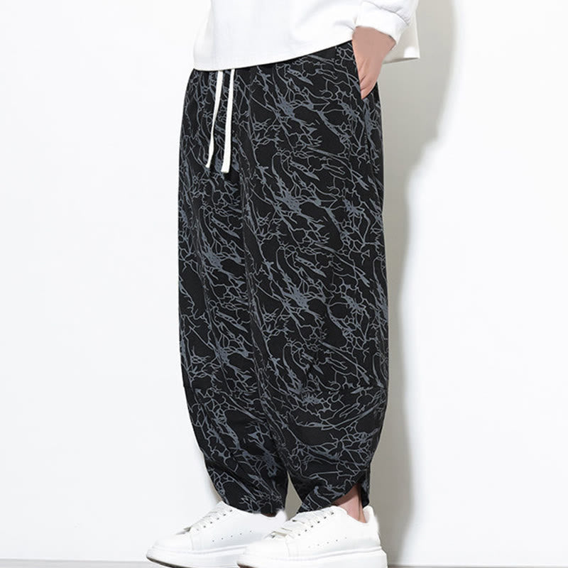 Nimara Ritual Fall Textured Lines Print Cotton Elastic Waist Ankle-Length Men's Harem Pants With Pockets