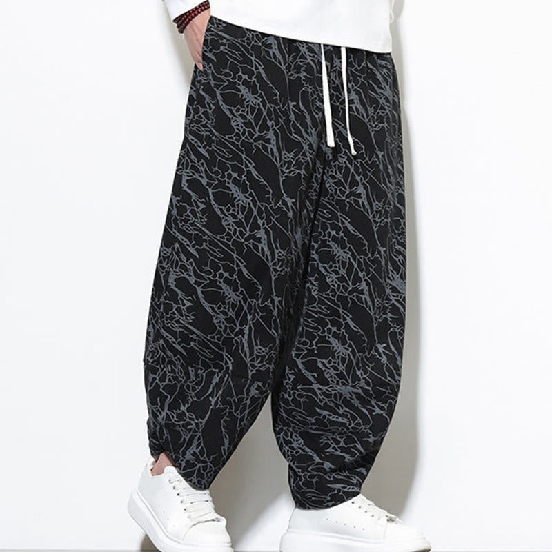 Nimara Ritual Fall Textured Lines Print Cotton Elastic Waist Ankle-Length Men's Harem Pants With Pockets