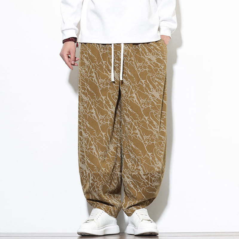Nimara Ritual Fall Textured Lines Print Cotton Elastic Waist Ankle-Length Men's Harem Pants With Pockets