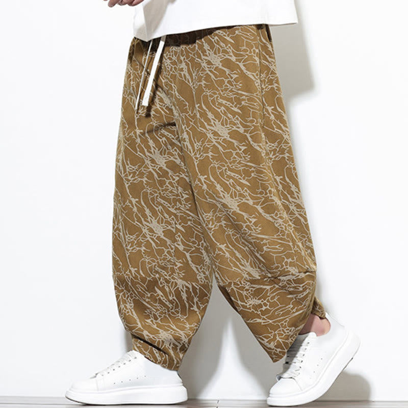 Nimara Ritual Fall Textured Lines Print Cotton Elastic Waist Ankle-Length Men's Harem Pants With Pockets