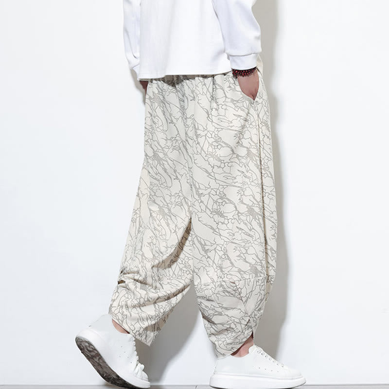 Nimara Ritual Fall Textured Lines Print Cotton Elastic Waist Ankle-Length Men's Harem Pants With Pockets