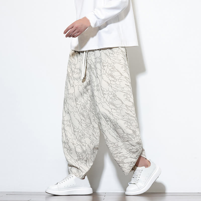 Nimara Ritual Fall Textured Lines Print Cotton Elastic Waist Ankle-Length Men's Harem Pants With Pockets