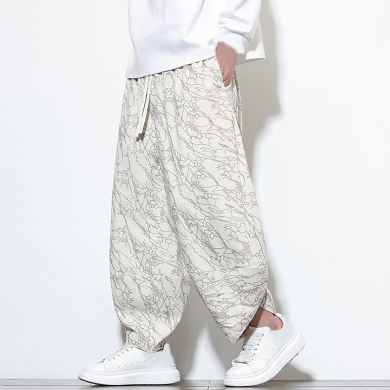 Nimara Ritual Fall Textured Lines Print Cotton Elastic Waist Ankle-Length Men's Harem Pants With Pockets