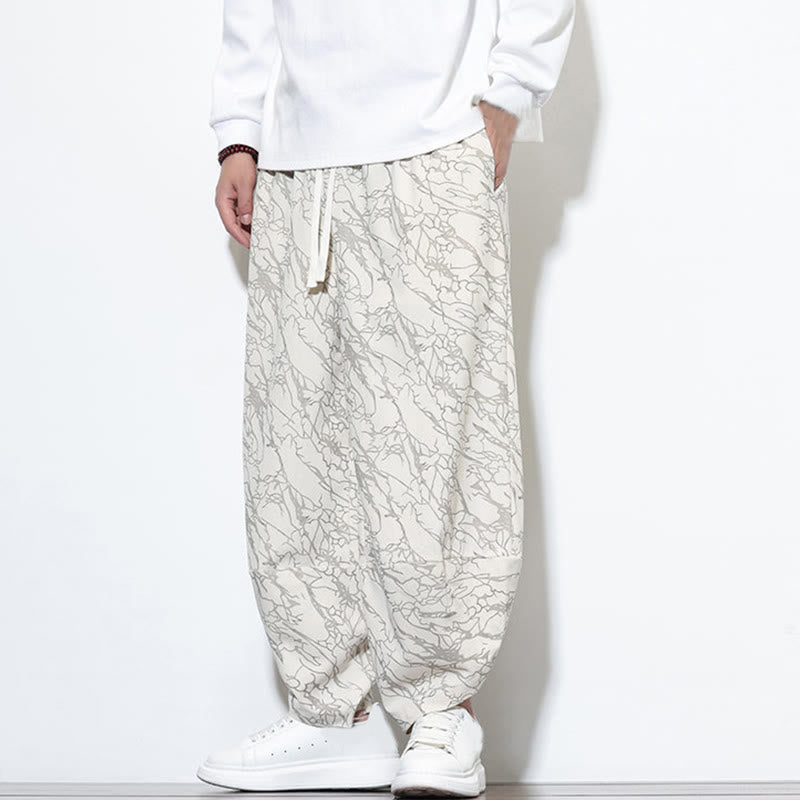 Nimara Ritual Fall Textured Lines Print Cotton Elastic Waist Ankle-Length Men's Harem Pants With Pockets